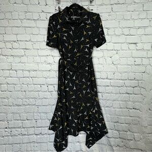 Karl Lagerfeld Black Paris Print A-Line Button Down Collared Dress Midi Size 6